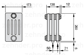 Схема (чертеж) Радиатор Zehnder Charleston 5026/3 №5510 Белый глянцевый RAL 9016